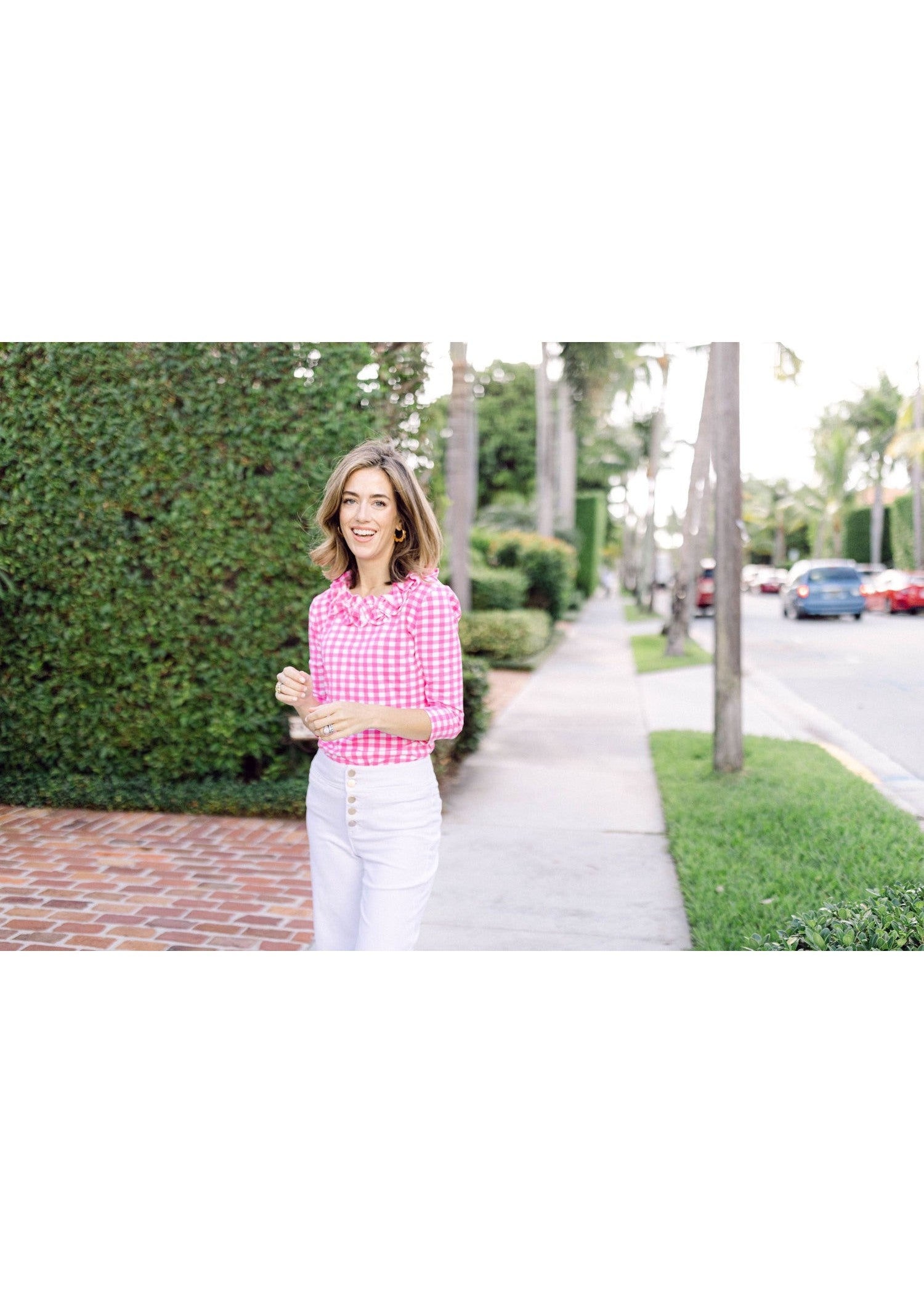 Cricket 3/4 Sleeve Top - Gingham Hot Pink/White