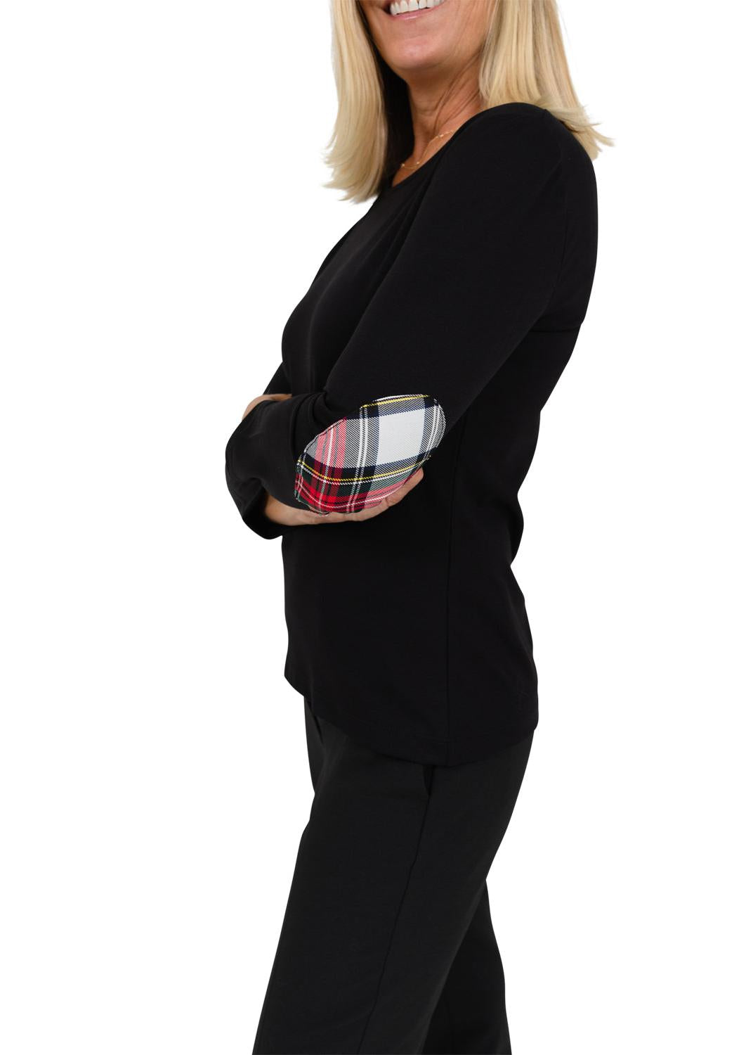 Crew Tee with Elbow Patch - Black/White Plaid- FINAL SALE