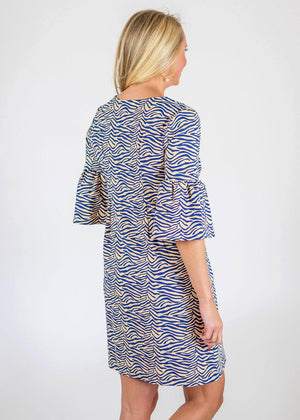 Blue & Almond Berkley 3/4 Sleeve Dress in a Zebra Print