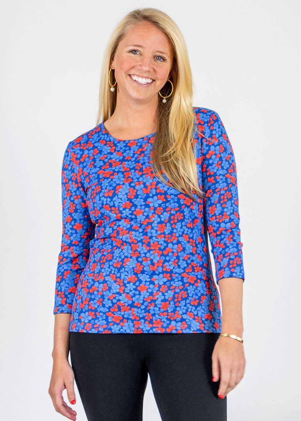 Blue & Red Crew Tee 3/4 Sleeve Top in a Floral Print