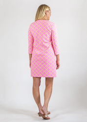 Lucille Dress 3 4 Sleeve Back Bamboo Lattice Pink Tan